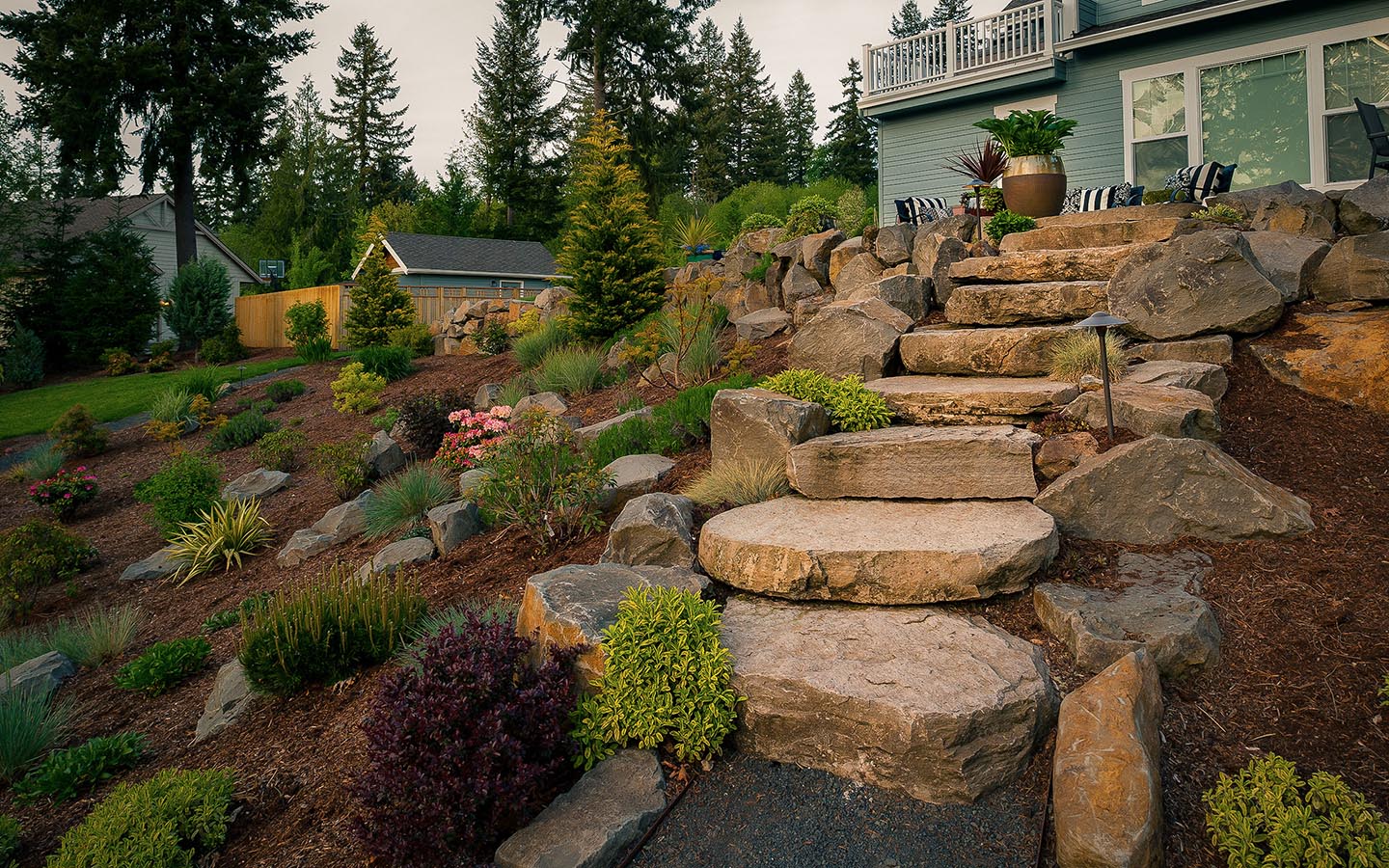 Natural stone outdoor staircase set into a landscape